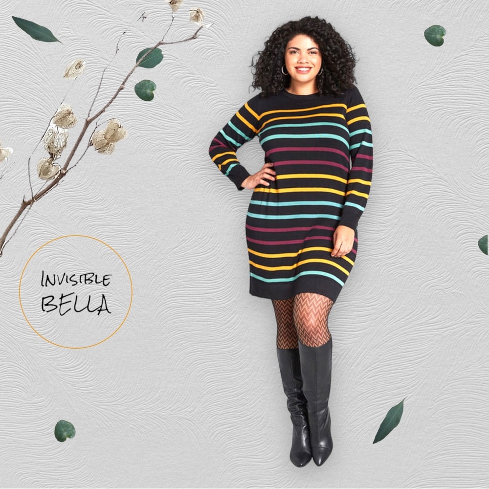 💖Modcloth Black & Color Stripe Sweater Dress w Long Sleeve 1X -item020-